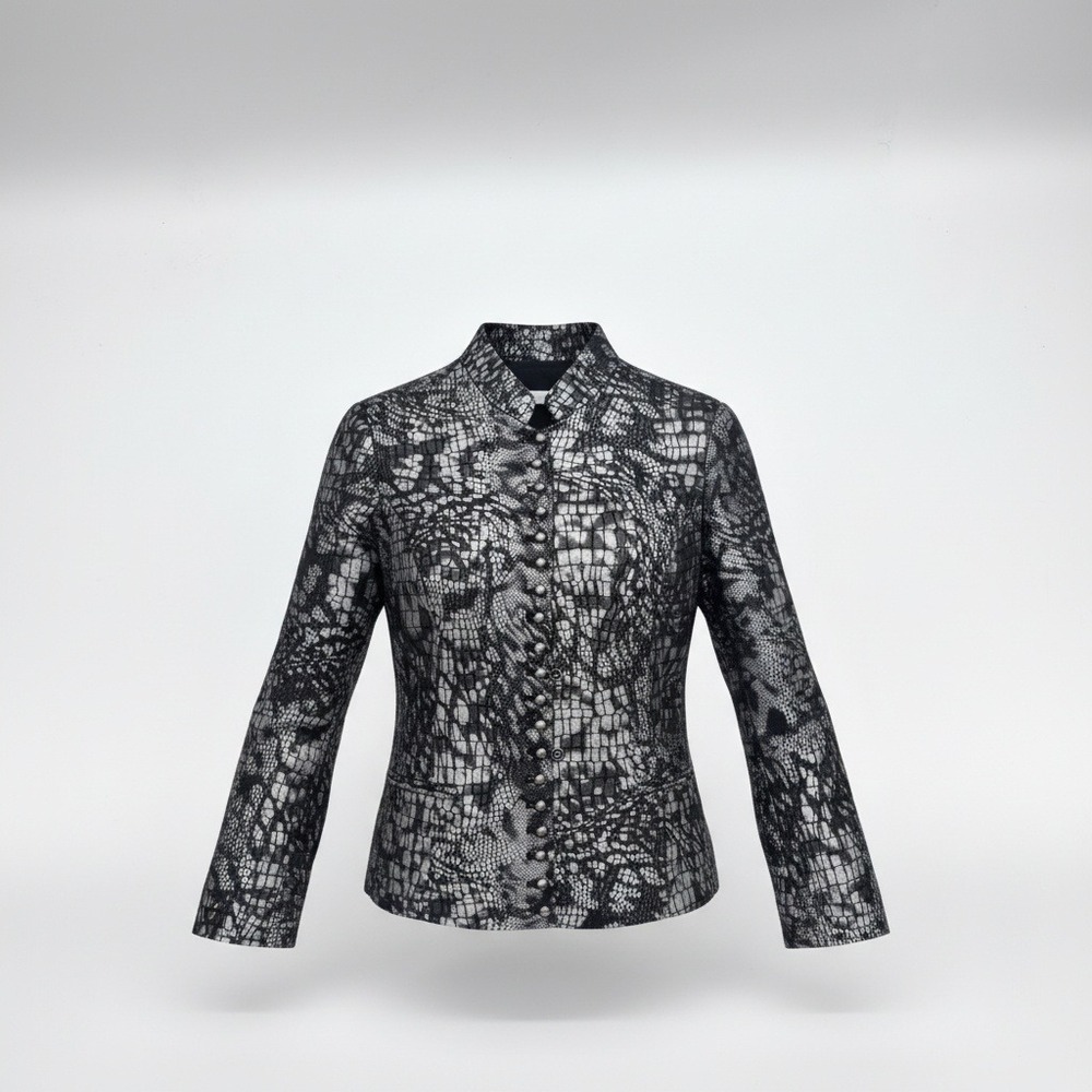 Chicos Metallic Silver Black Snakeskin Crocodile Print Mock Neck Jacket Size 1